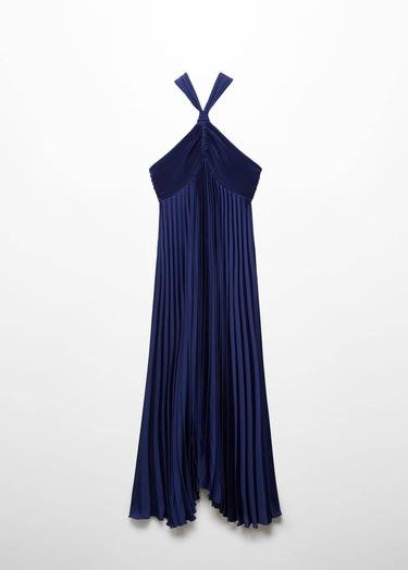  Mango Kadın Pilili Boyundan Bağlı Elbise Gece Mavisi