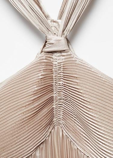  Mango Kadın Pilili Boyundan Bağlı Elbise Gümüş Rengi