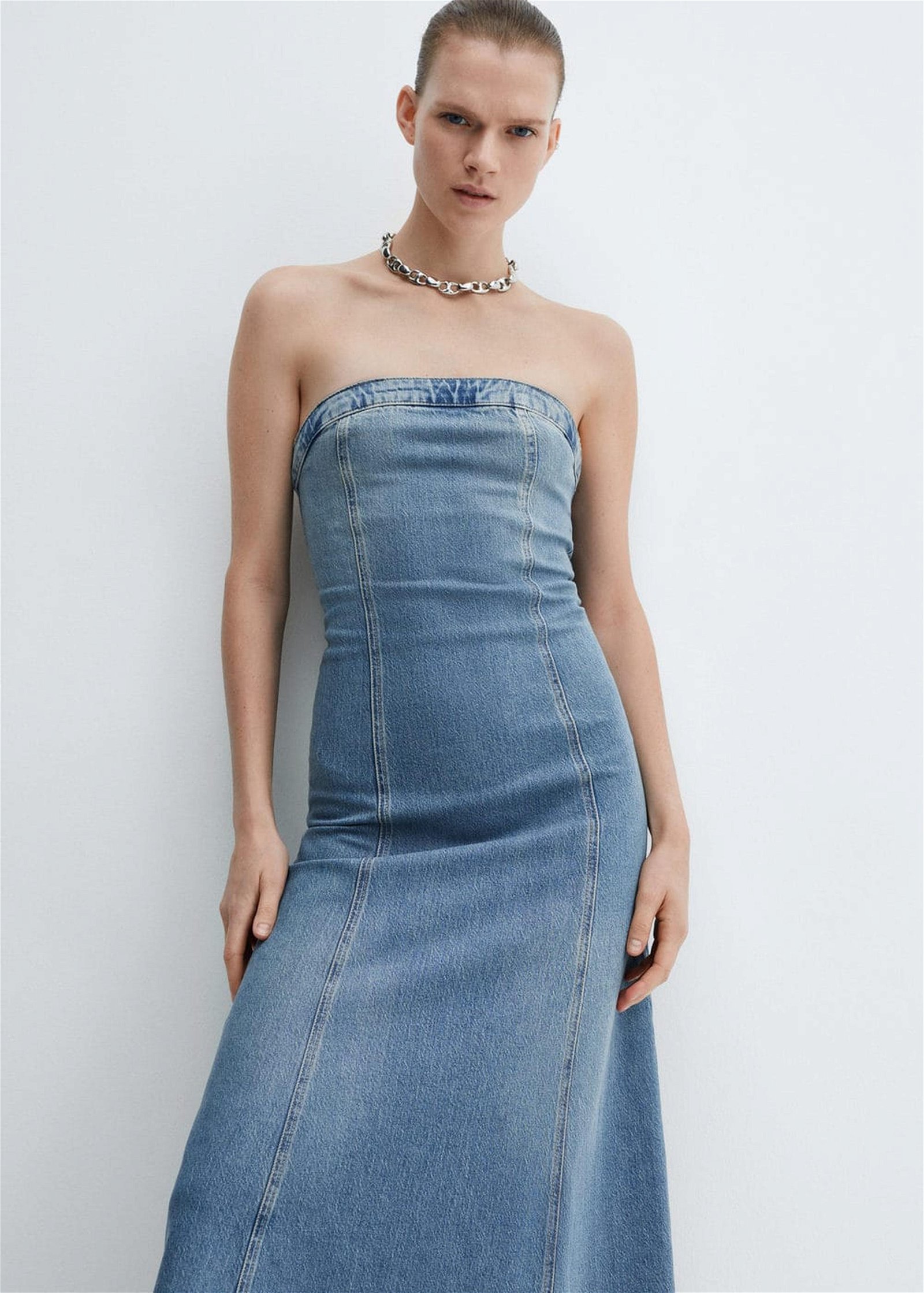 Mango Kadın Straplez Denim Elbise Orta Vintage Mavi