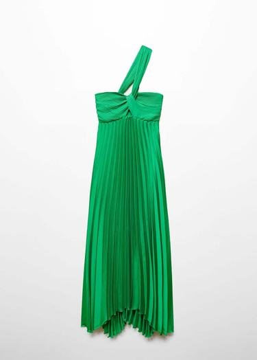  Mango Kadın Pilili Asimetrik Kesim Elbise Yeşil