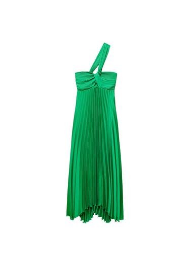  Mango Kadın Pilili Asimetrik Kesim Elbise Yeşil