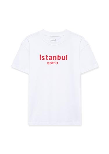 Mavi Istanbul Baskılı Beyaz Tişört Loose Fit / Bol Rahat Kesim 7610175-620