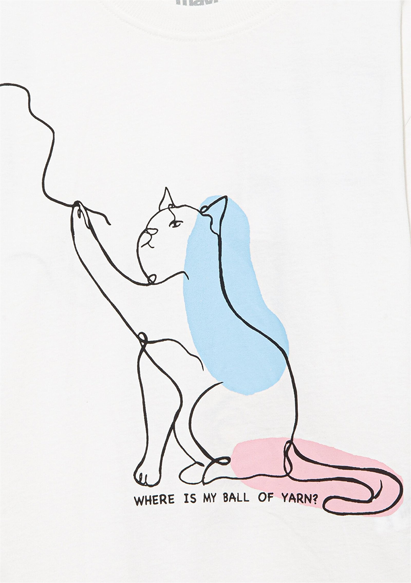 Mavi Kedi Baskılı Beyaz Tişört Loose Fit / Bol Rahat Kesim 7610170-70057