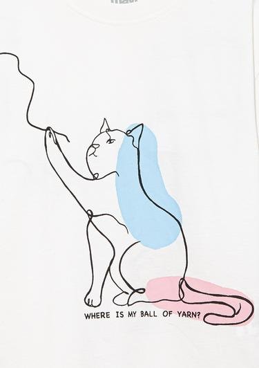 Mavi Kedi Baskılı Beyaz Tişört Loose Fit / Bol Rahat Kesim 7610170-70057