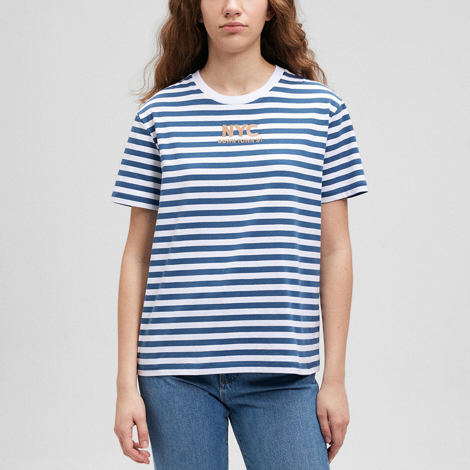 Mavi NYC Baskılı Mavi Çizgili Tişört Regular Fit / Normal Kesim 1612176-70760