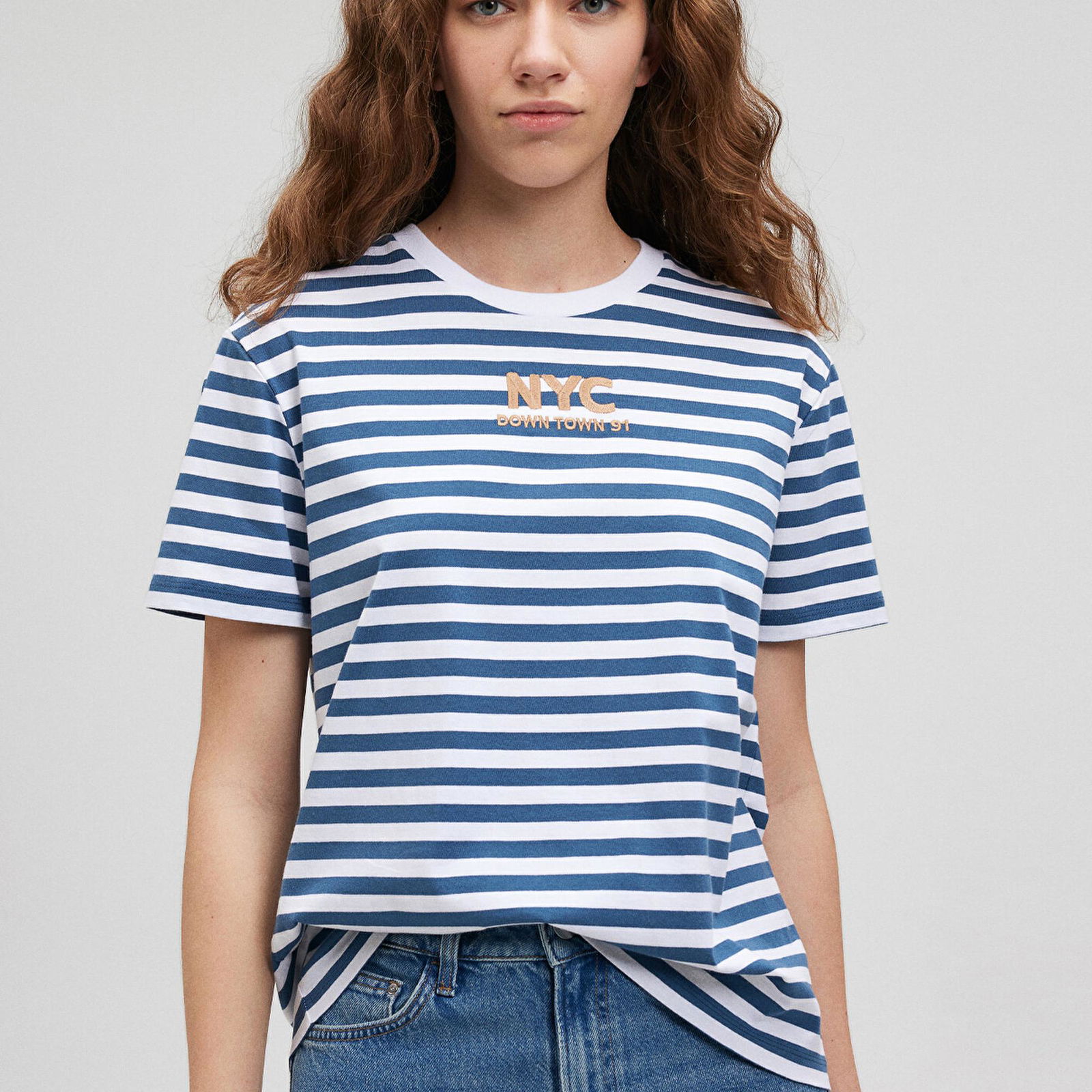 Mavi NYC Baskılı Mavi Çizgili Tişört Regular Fit / Normal Kesim 1612176-70760