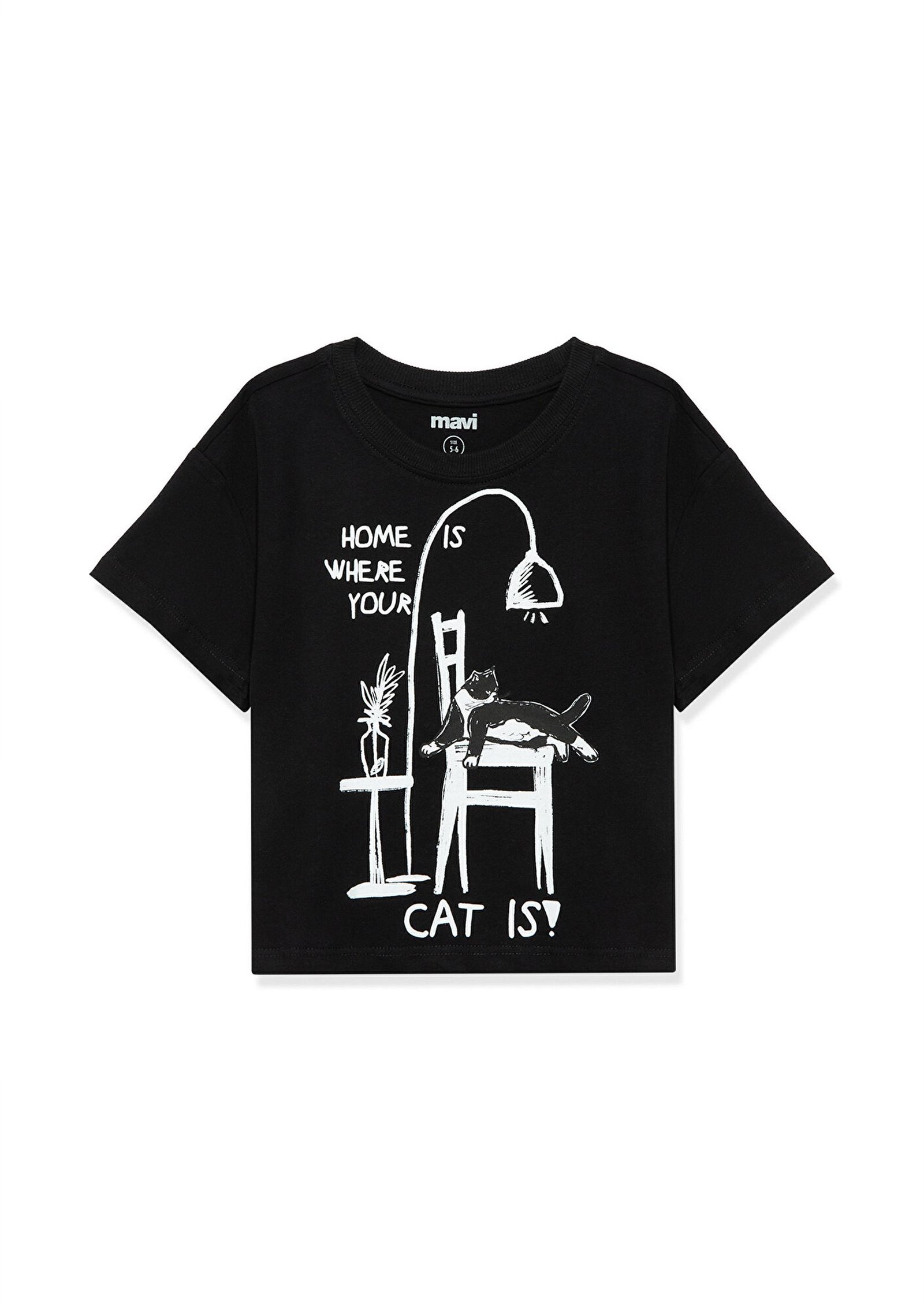 Mavi Kedi Baskılı Siyah Crop Tişört Crop / Kısa Kesim 7610184-900