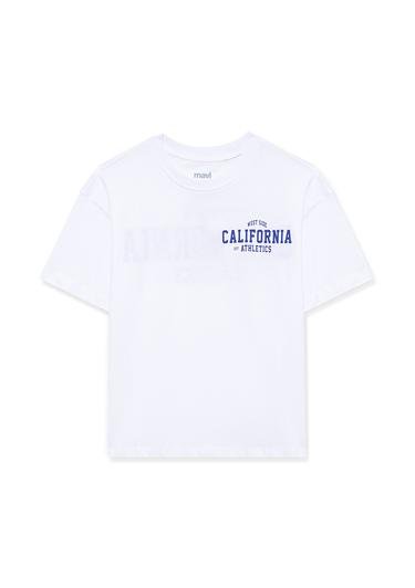 Mavi California Baskılı Beyaz Tişört Oversize / Geniş Kesim 6610198-620