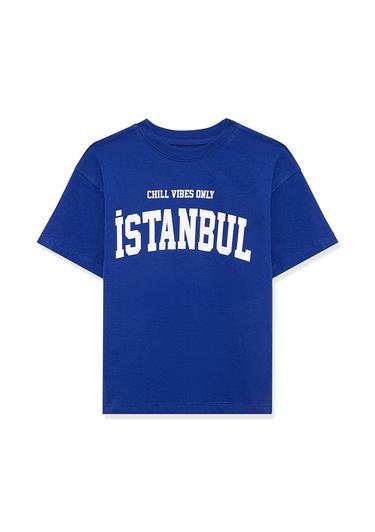  Mavi Istanbul Baskılı Lacivert Tişört Loose Fit / Bol Rahat Kesim 6610181-70896