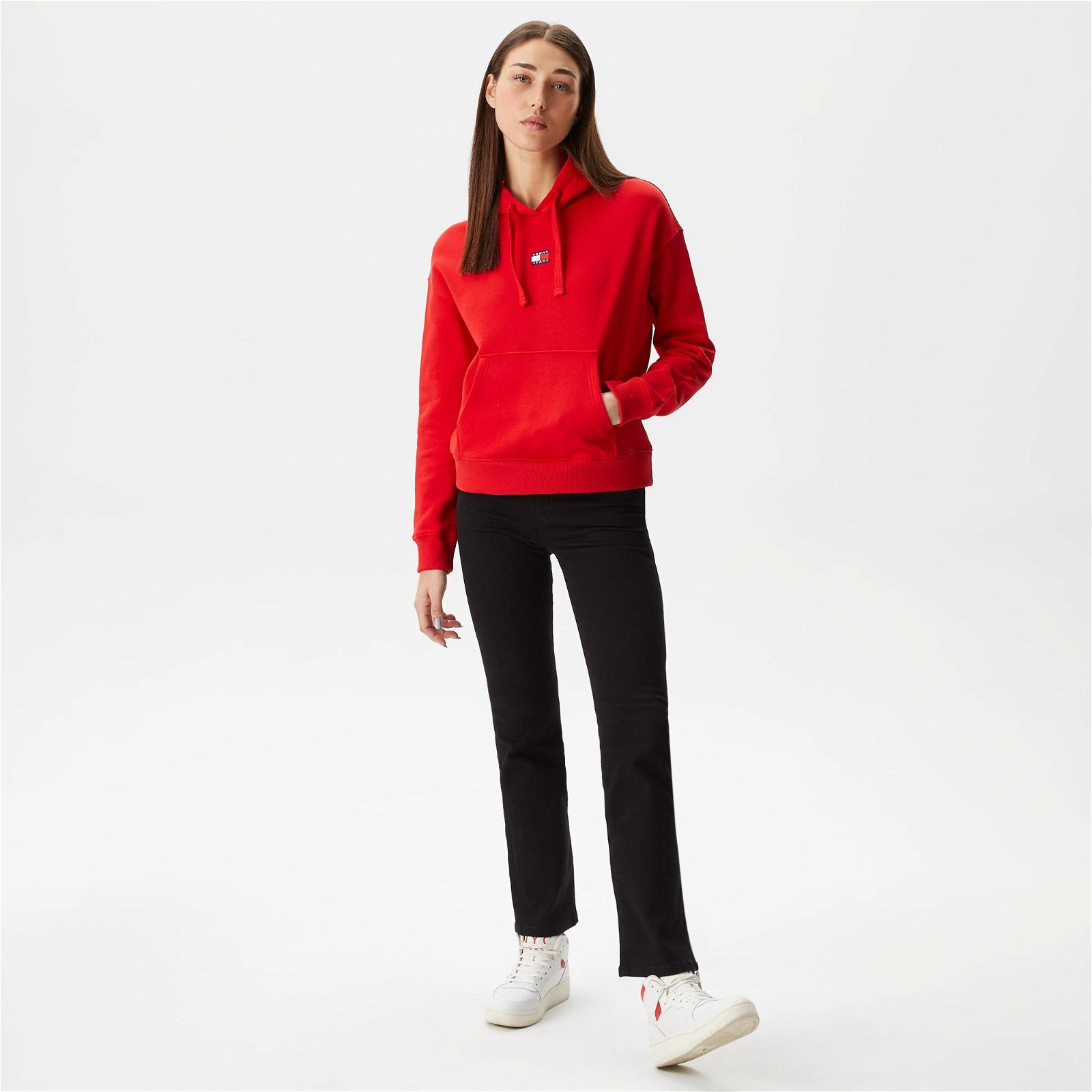 Tommy Jeans Badge Hoodie Kadın Kırmızı Sweatshirt