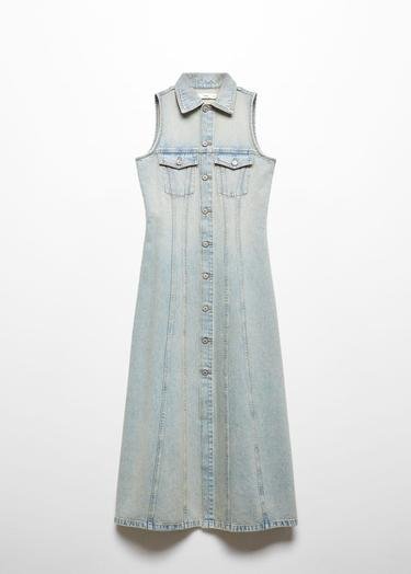  Mango Kadın Düğmeli Denim Elbise Orta Vintage Mavi