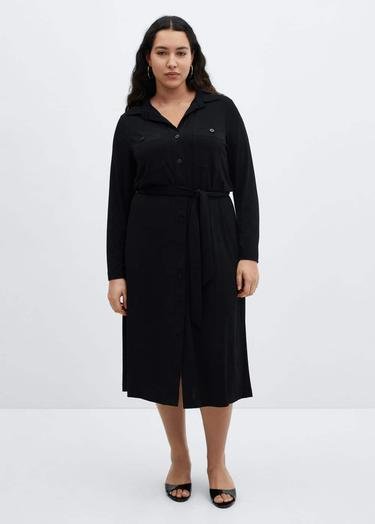  Mango Kadın Kemerli Gömlek Elbise Siyah