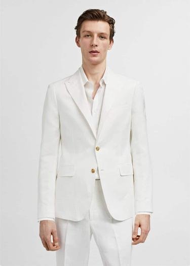  Mango Erkek Dar Kesim Pamuklu Keten Kumaş Blazer Ceket Beyaz