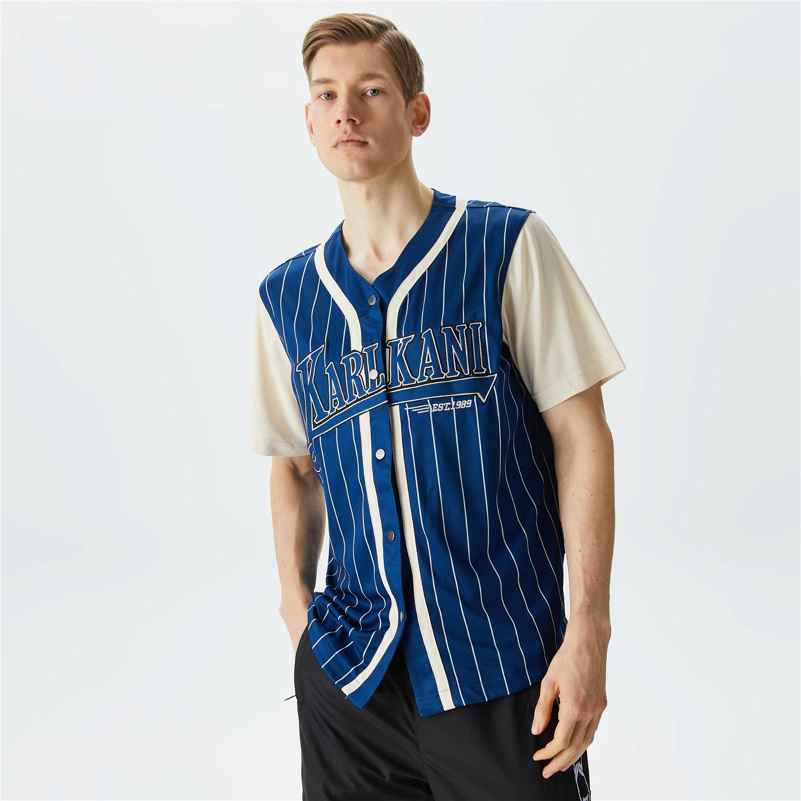 Karl Kani Trekking Block Pinstripe Baseball Shirt Erkek Mavi Gömlek