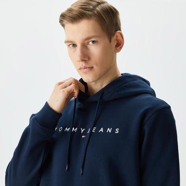  Tommy Jeans Reg Linear Logo Hoodie Erkek Mavi Sweatshirt