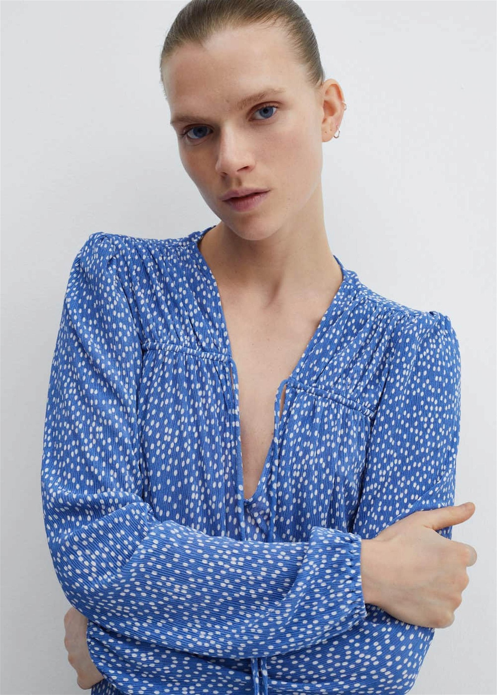 Mango Kadın Bağ Detaylı Desenli Bluz Mavi