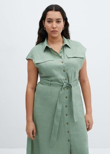  Mango Kadın %100 Keten Gömlek Elbise Yeşil