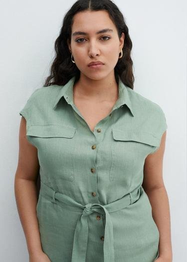  Mango Kadın %100 Keten Gömlek Elbise Yeşil