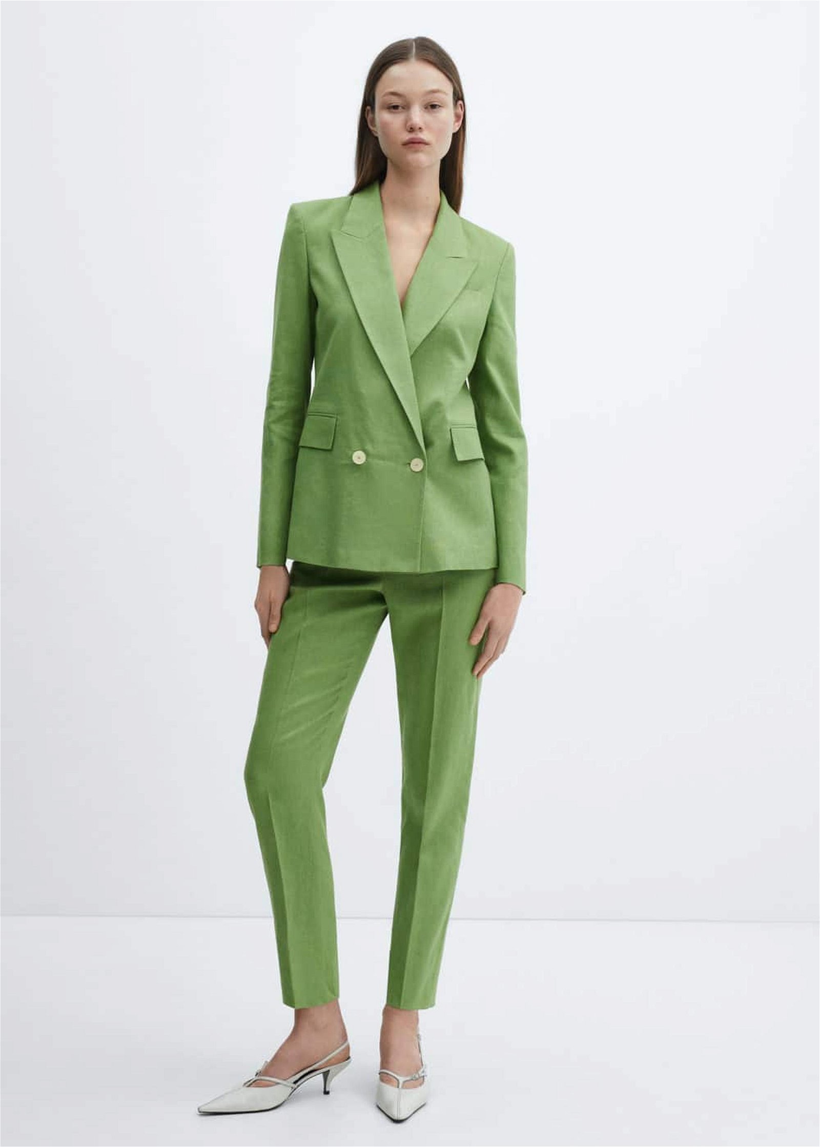 Mango Kadın %100 Keten Kumaş Blazer Ceket Yeşil