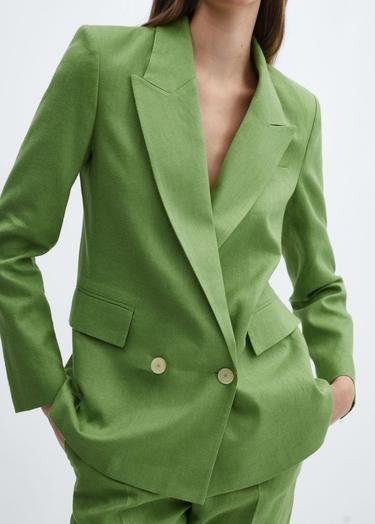  Mango Kadın %100 Keten Kumaş Blazer Ceket Yeşil