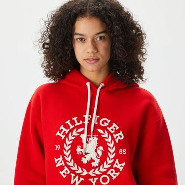  Tommy Hilfiger Reg Crest Hoodie Kadın Kırmızı Sweatshirt