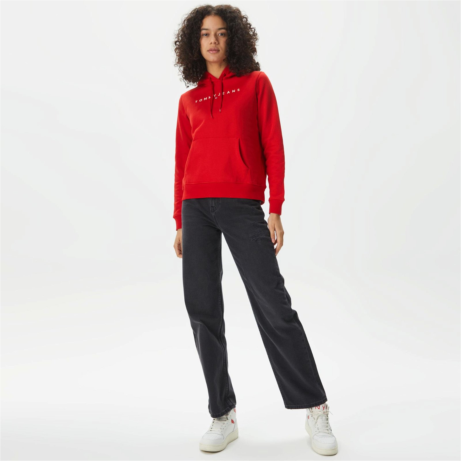 Tommy Jeans Reg Linear Hoodie Kadın Kırmızı Sweatshirt