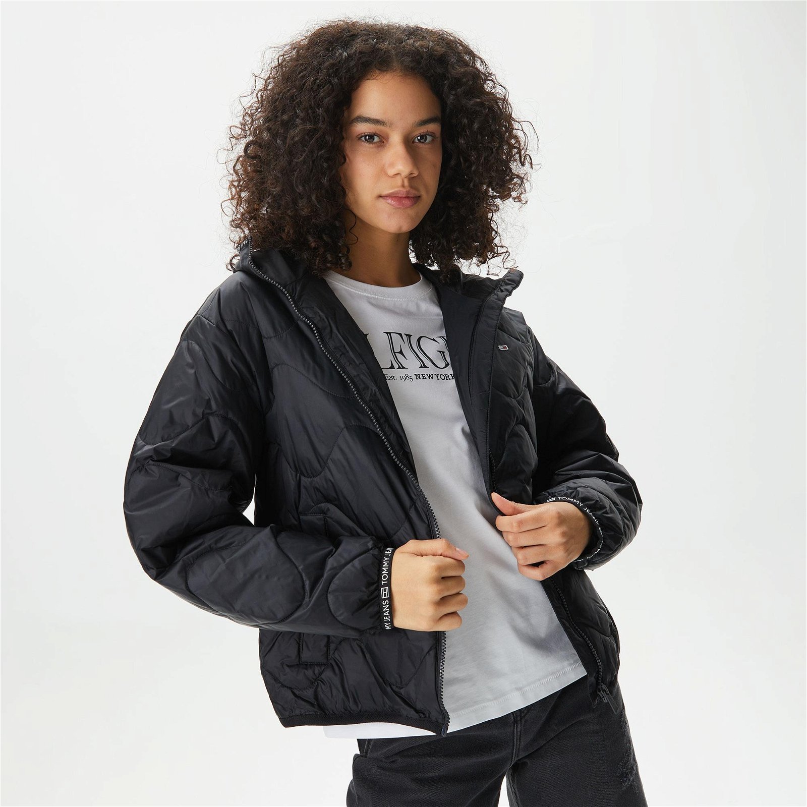 Tommy Jeans Quilted Tape Hoodffer Kadın Siyah Mont