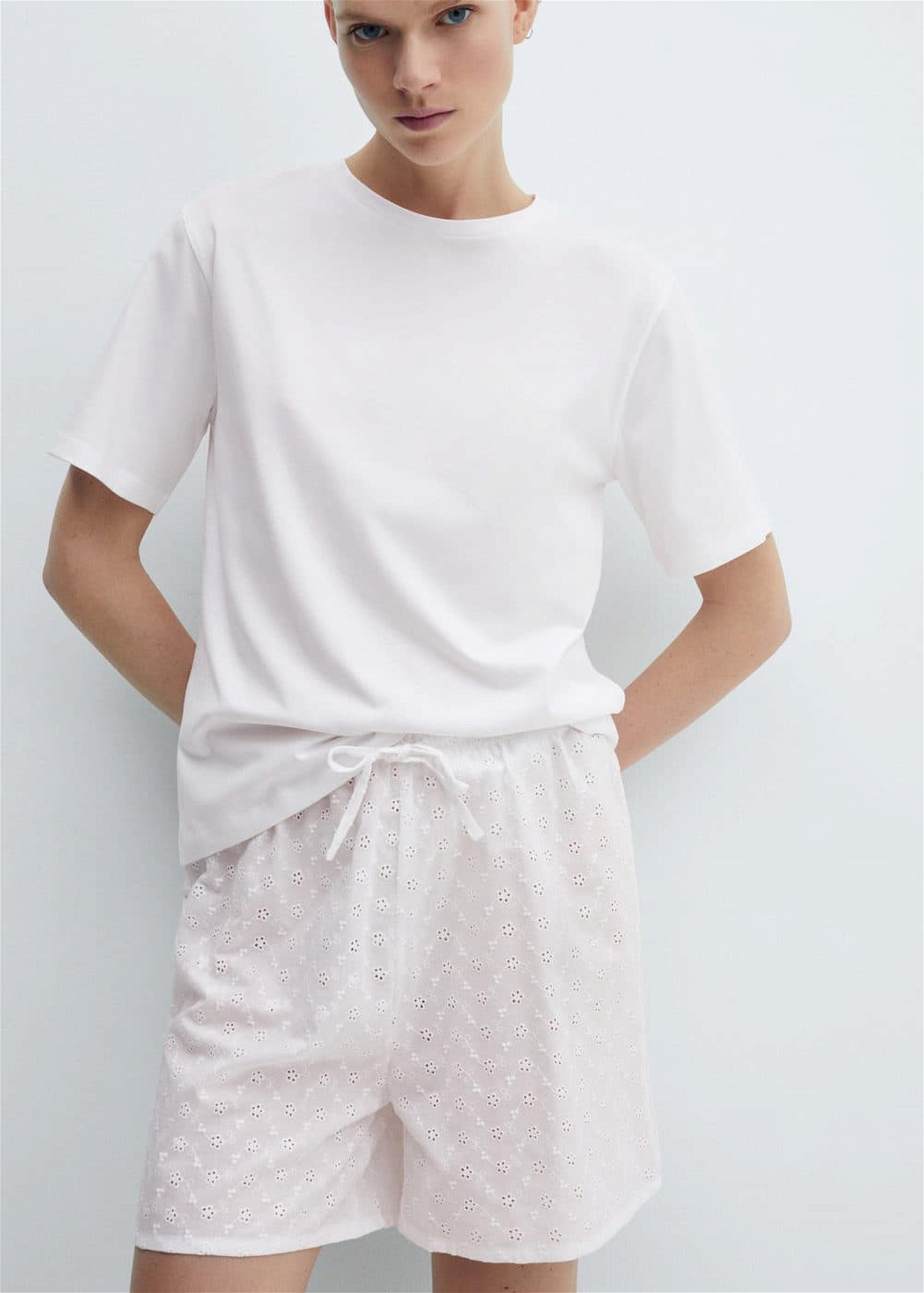 Mango Kadın İki Parçalı Pamuklu Pijama Beyaz