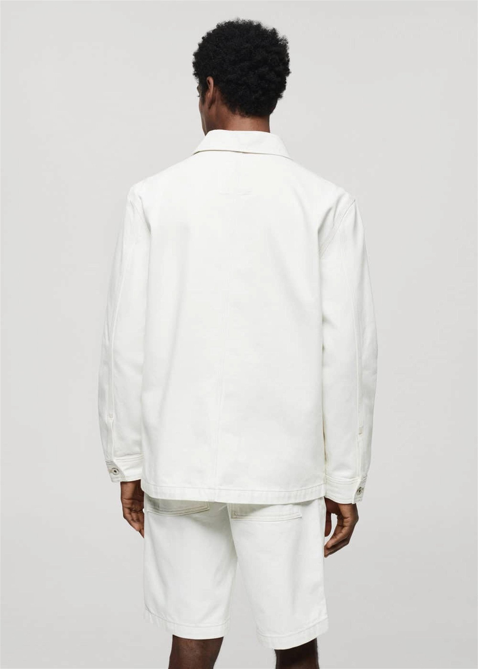 Mango Erkek %100 Pamuklu Cepli Gömlek Ceket Kırık Beyaz