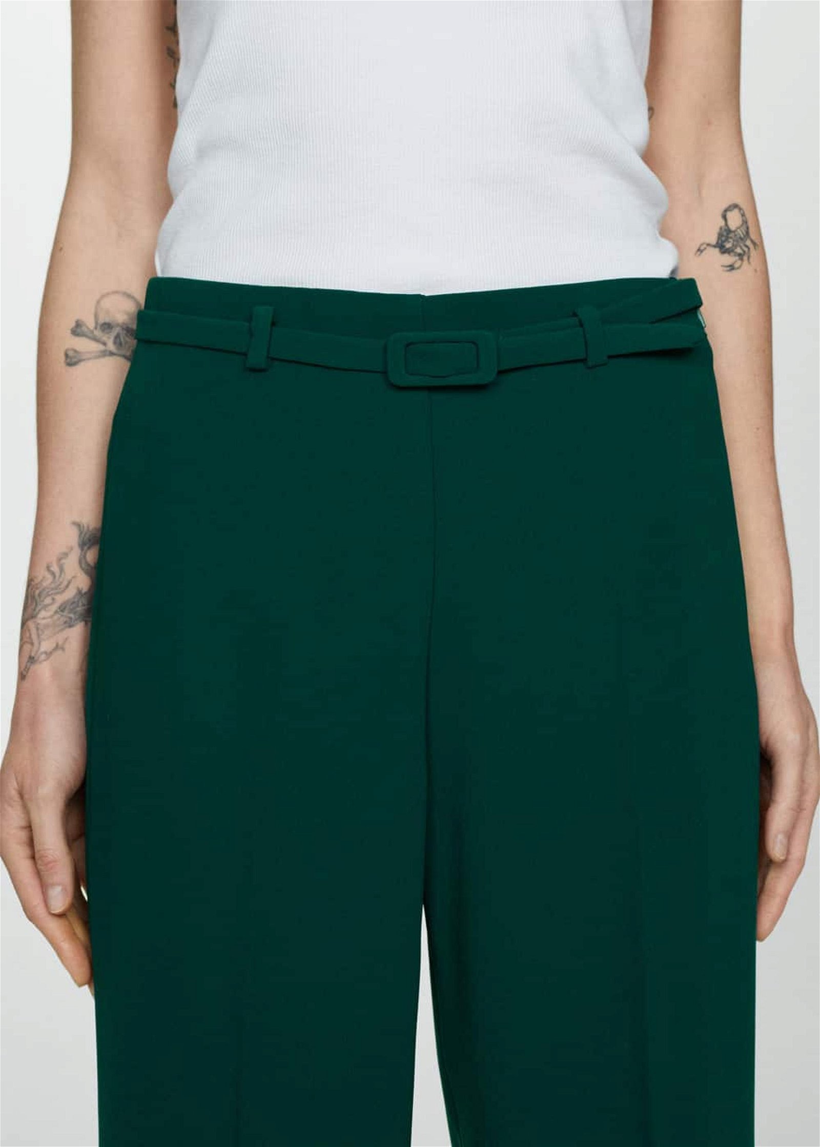 Mango Kadın Kemerli Wideleg Pantolon Koyu Yeşil