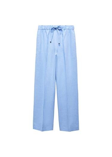 Mango Kadın Keten Karışımlı Beli Elastik Pantolon Gök Mavisi