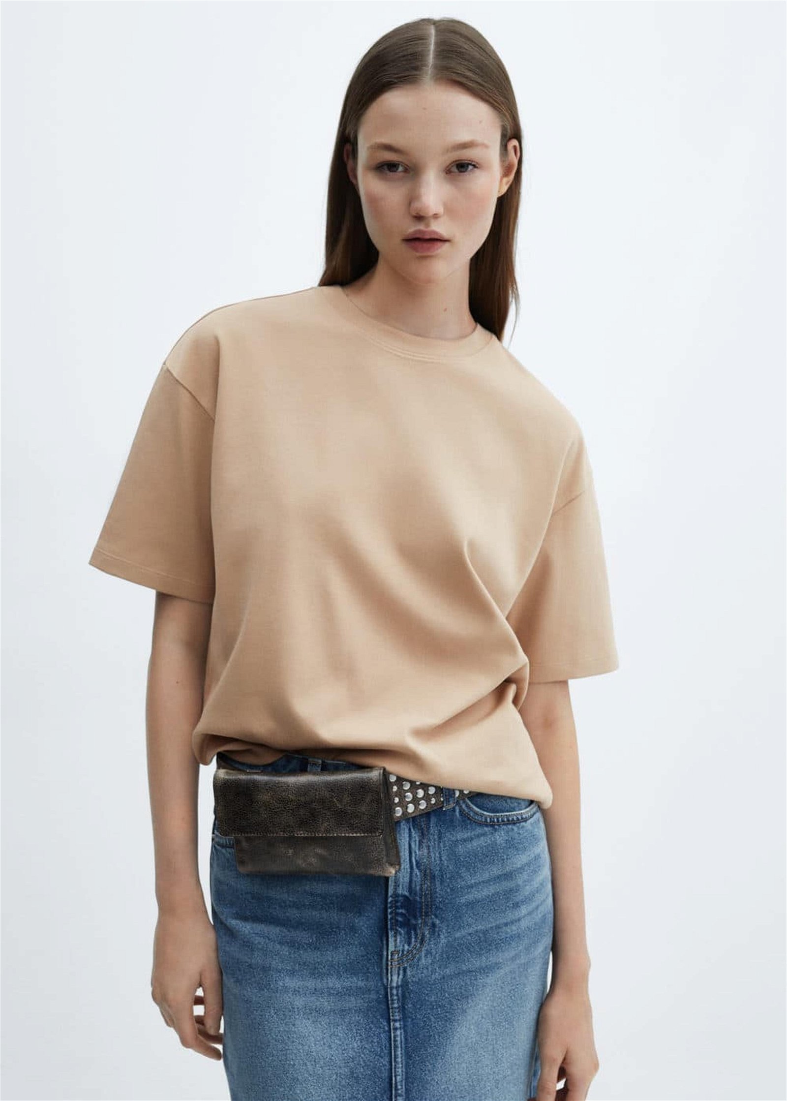 Mango Kadın Pamuklu Oversize Tişört Bej