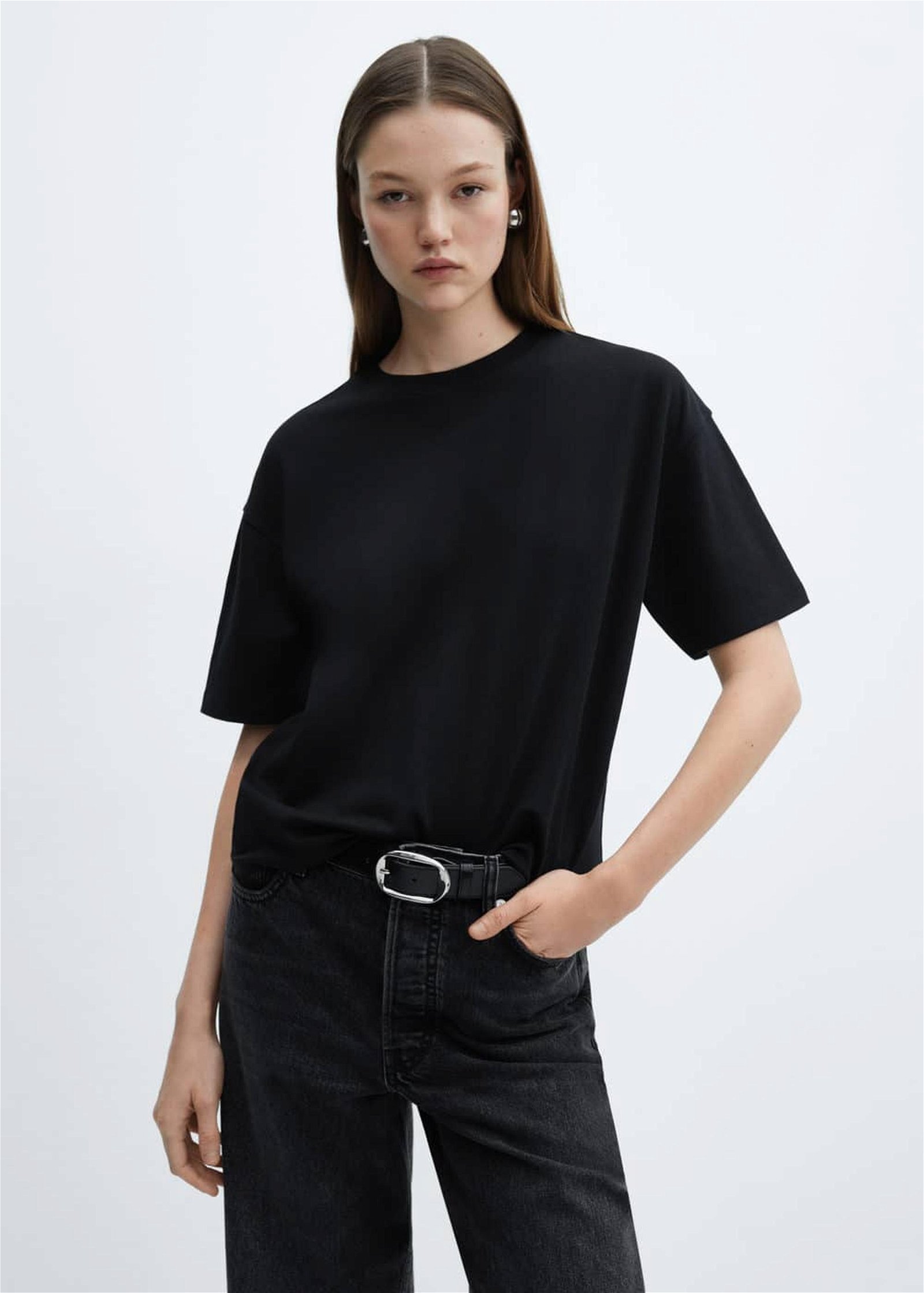 Mango Kadın Pamuklu Oversize Tişört Siyah