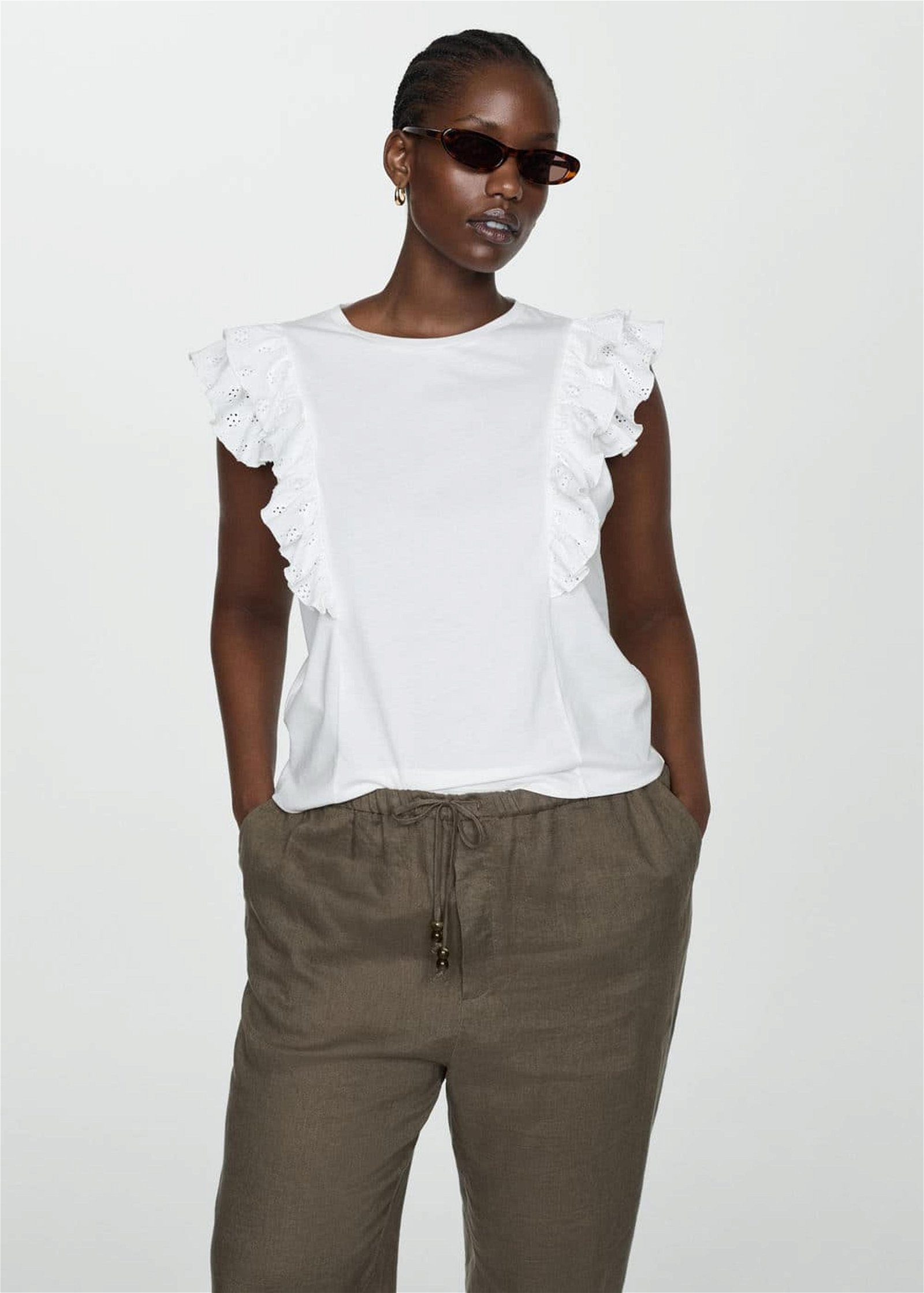 Mango Kadın Fırfırlı Pamuklu Tişört Beyaz