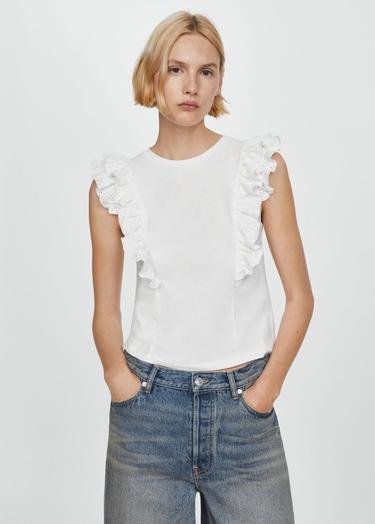  Mango Kadın Fırfırlı Pamuklu Tişört Beyaz