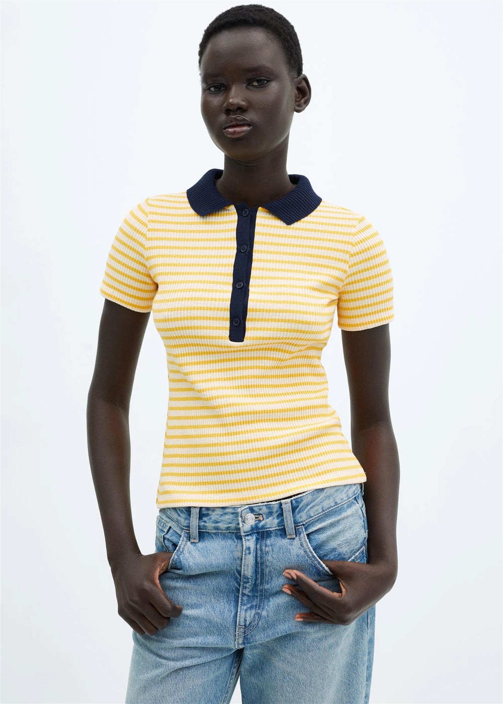 Mango Kadın Kısa Kollu Çizgili Polo Gömlek Pastel Sarı
