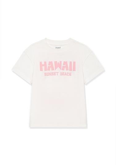  Mavi Hawaii Baskılı Beyaz Tişört Loose Fit / Bol Rahat Kesim 7610177-70057