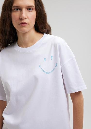  Mavi Smiley Originals Baskılı Beyaz Tişört Loose Fit / Bol Rahat Kesim 1612431-620