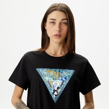  Guess Ss CN Gold Triangle Kadın Siyah T-Shirt