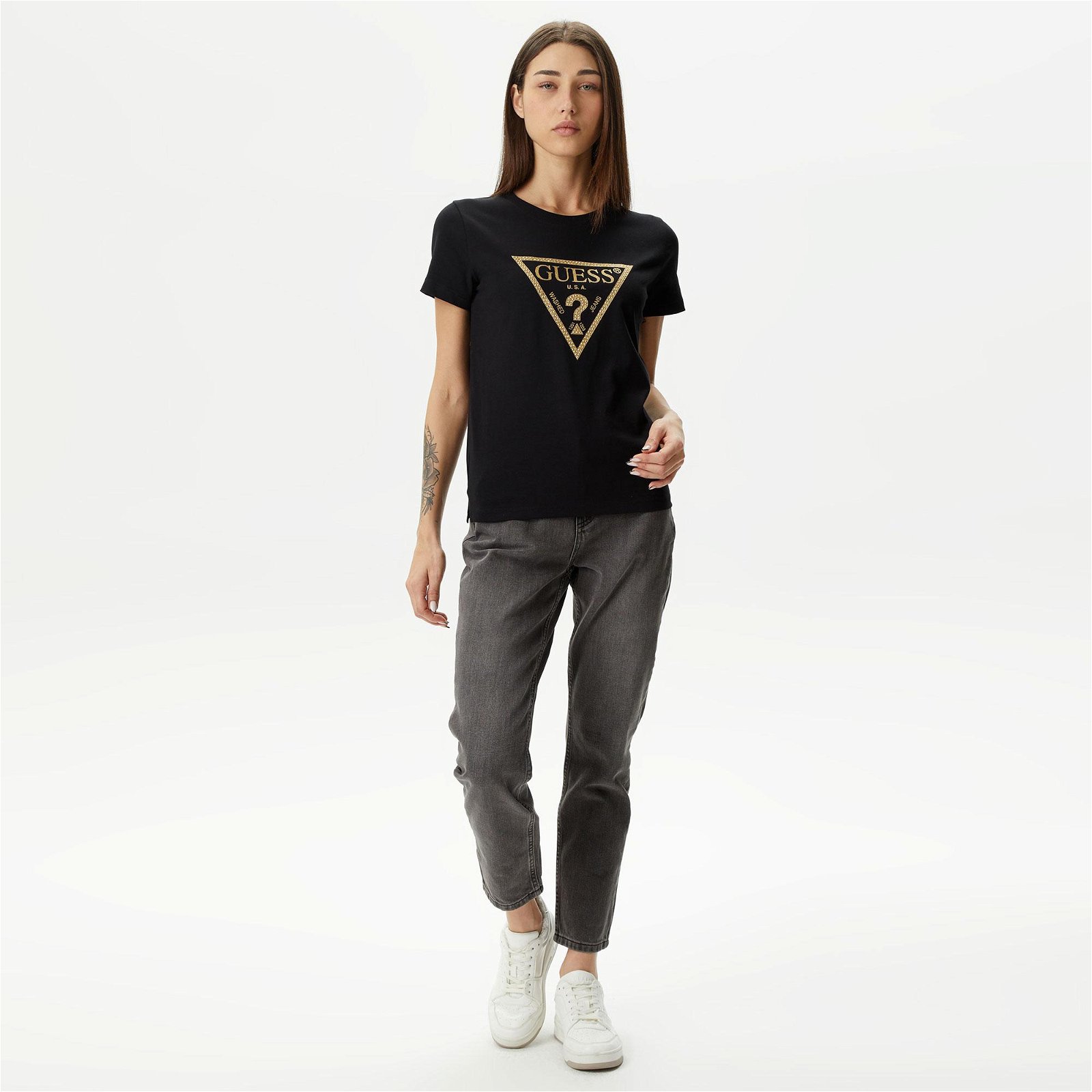 Guess Ss CN Gold Triangle Kadın Siyah T-Shirt