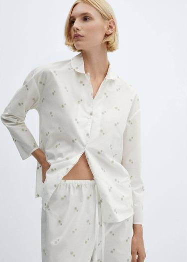  Mango Kadın Çiçek Işlemeli Pamuklu Pijama Pantolonu Kırık Beyaz