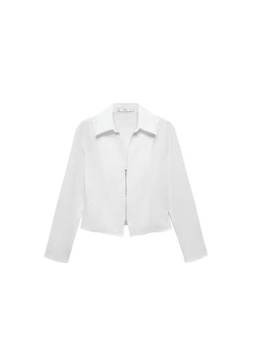  Mango Kadın Bedene Oturan Pamuklu Fermuarlı Gömlek Kırık Beyaz