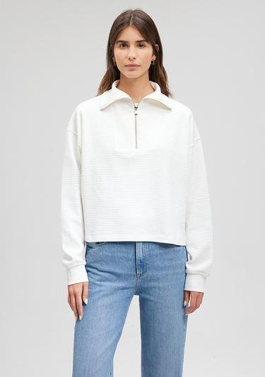  Mavi Kapüşonlu Fermuarlı Beyaz Sweatshirt 1S10169-70057
