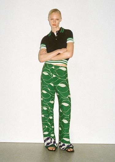  Mango Kadın Düz Kesimli Desenli Pantolon Yeşil
