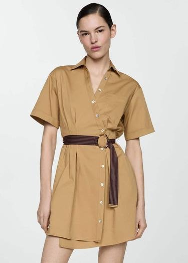  Mango Kadın Kemerli Gömlek Elbise Kahverengi