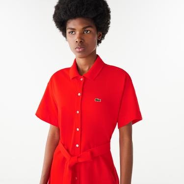  Lacoste Flare Fit Kadın Polo Yaka Kırmızı Elbise
