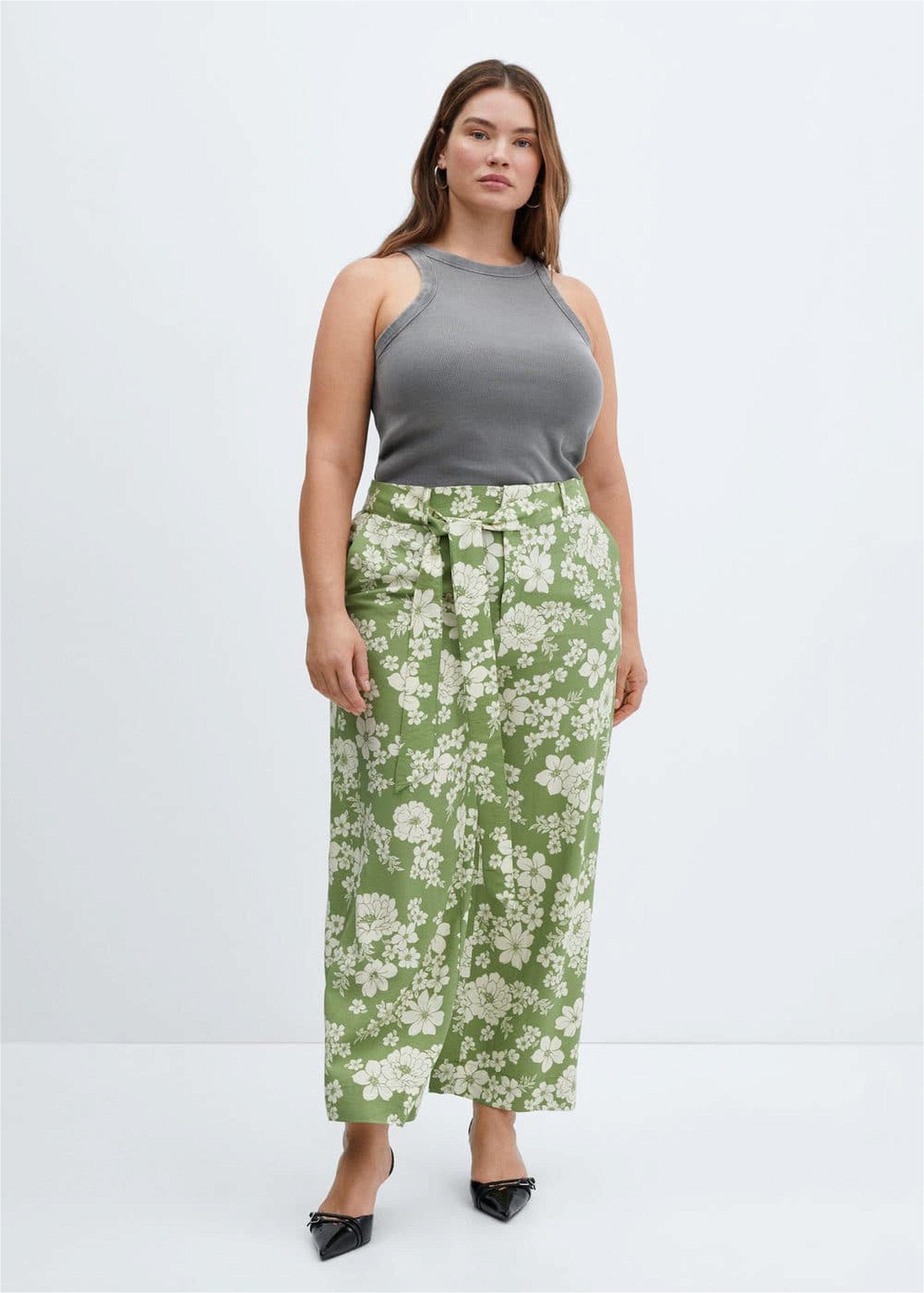 Mango Kadın Desenli Fiyonklu Pantolon Yeşil