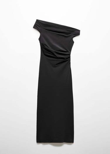  Mango Kadın Omzu Açık Drape Elbise Siyah