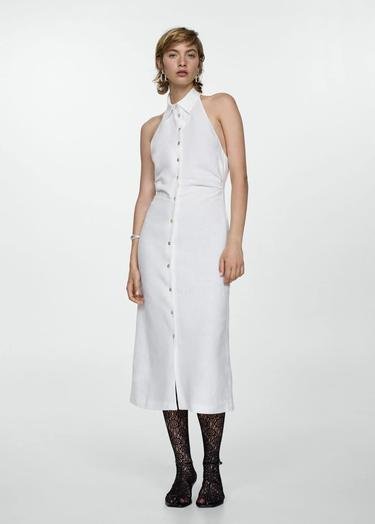  Mango Kadın Gömlek Yaka Keten Elbise Kırık Beyaz