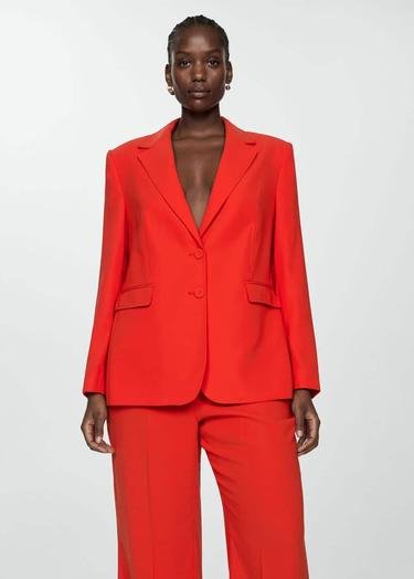  Mango Kadın Düz Kesim Kumaş Blazer Ceket Mercan Kırmızısı